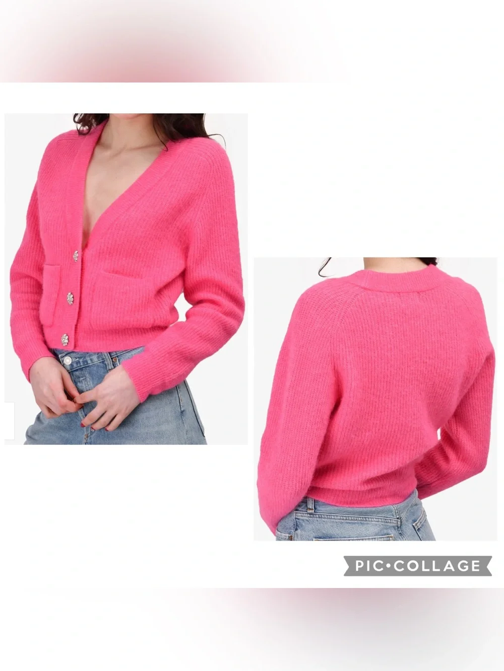GANNI Women’s Bright Pink V-Neck Crystal Button Pocket Alpaca Blend Cardigan S